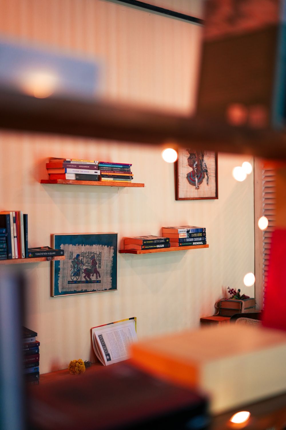 Wall-mounted shelves with books and decorative items