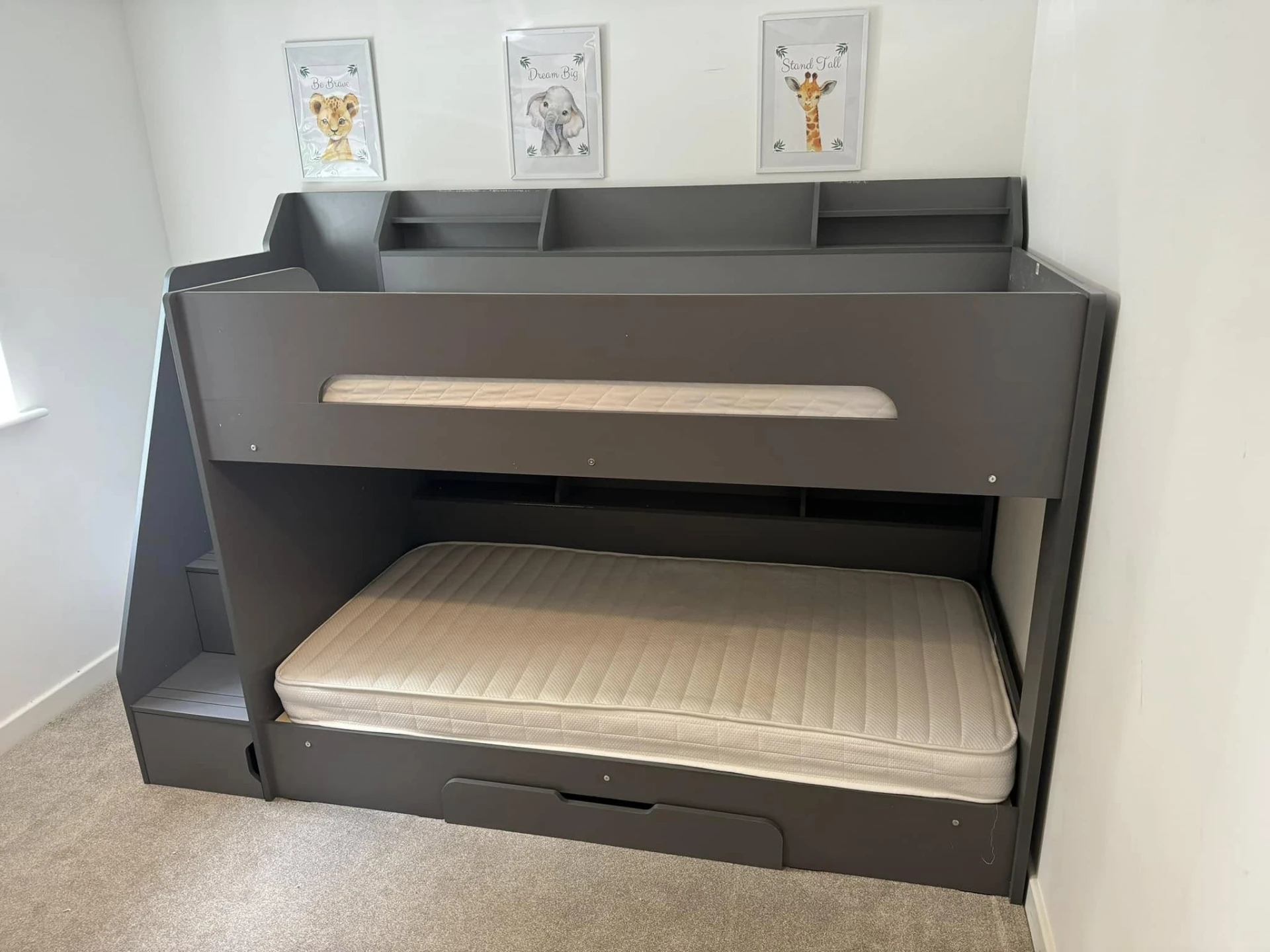 Grey bunk bed assembled carefully in an Aylesbury home