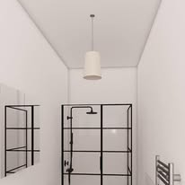 Black-framed shower enclosure with glass panels and a pendant light