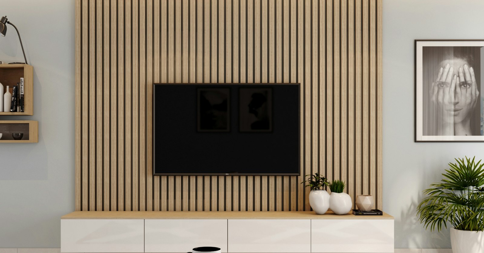 Illustrative stock photo of a flat-screen TV mounted on a living room wall